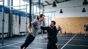 Coach korrigiert eine Einsteigerin bei einer skalierten Zugübung in der CrossFit-Box