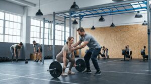 Coach korrigiert die Technik einer Frau beim Kniebeugen mit Langhantel in der CrossFit Box