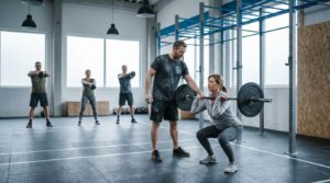 Coach korrigiert die Kniebeuge einer Frau in einer CrossFit Box, im Hintergrund trainiert eine kleine Gruppe
