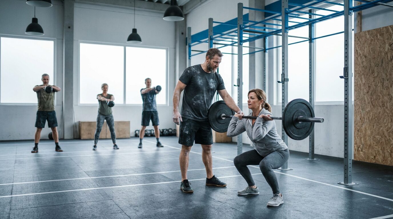 Coach korrigiert die Kniebeuge einer Frau in einer CrossFit Box, im Hintergrund trainiert eine kleine Gruppe