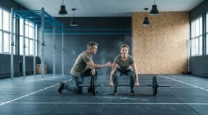 Coach korrigiert im Personal Training die Kreuzheben-Technik einer Athletin in der Box