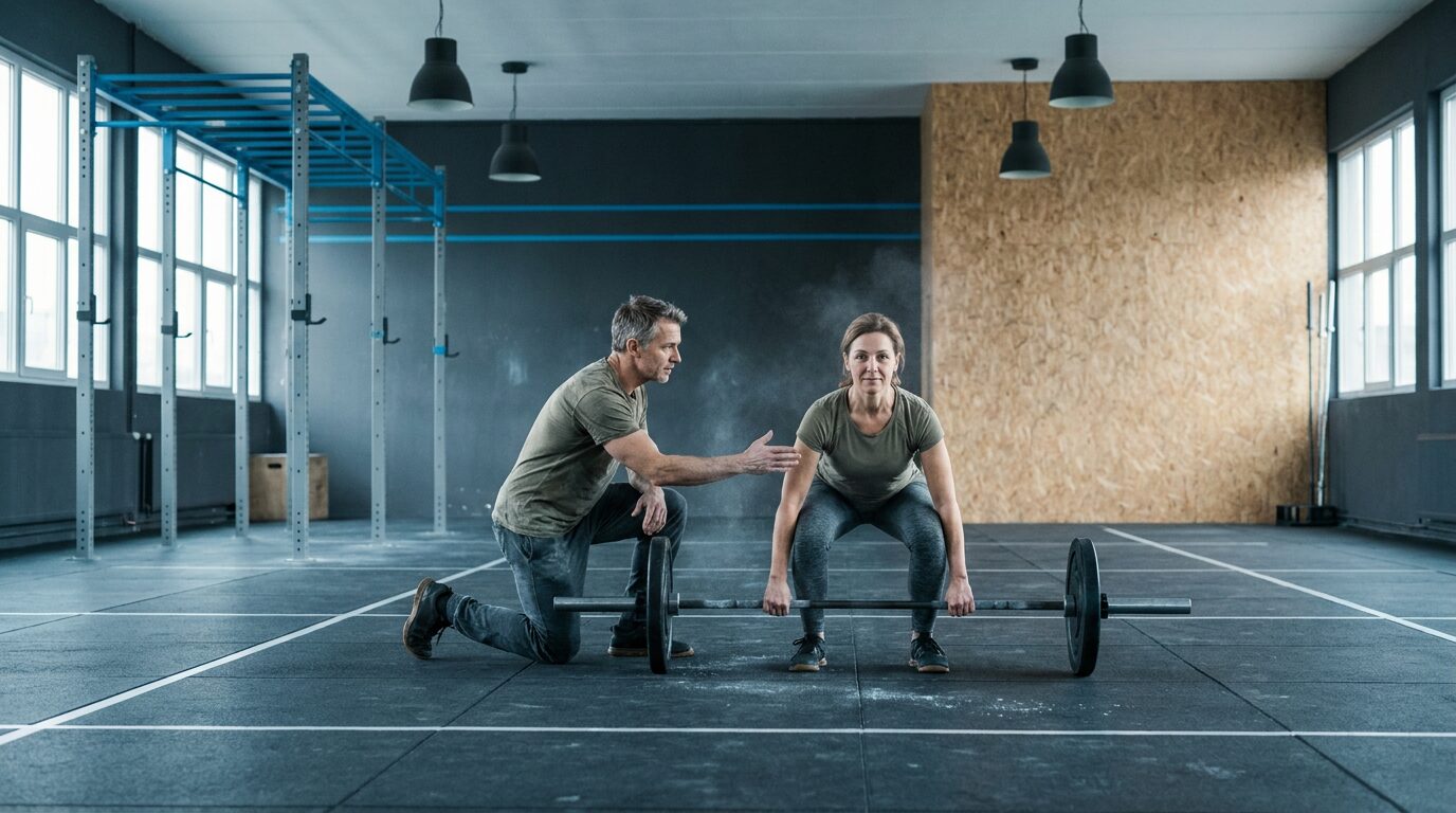 Coach korrigiert im Personal Training die Kreuzheben-Technik einer Athletin in der Box